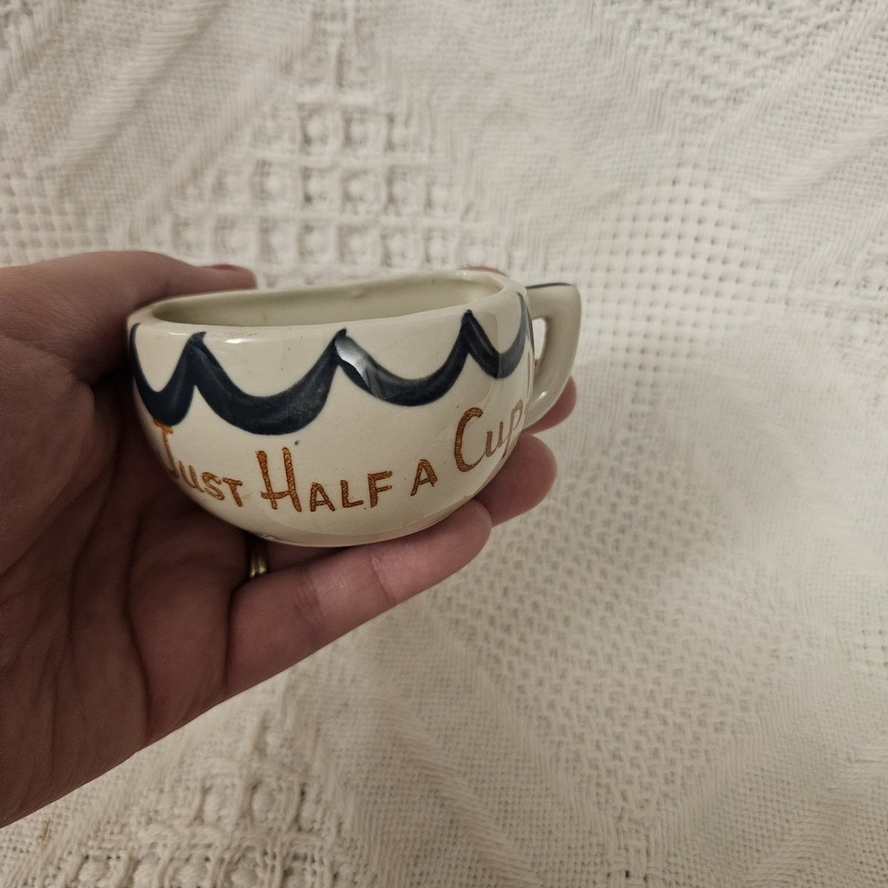 Vintage Novelty Half Cup Mug Just Half A Cup! Ceramic Gag Mid Century Painted